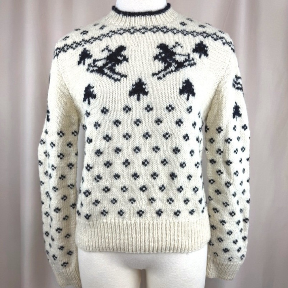 Vintage 90s Womens Polo Sport Ralph Lauren|L|Hand Knit Wool Ski Sweater Cream